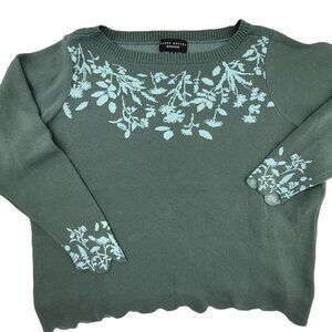 Susan Graver Sweater Women's Plus 2X Green Floral Scalloped Knit EXCELLENT
